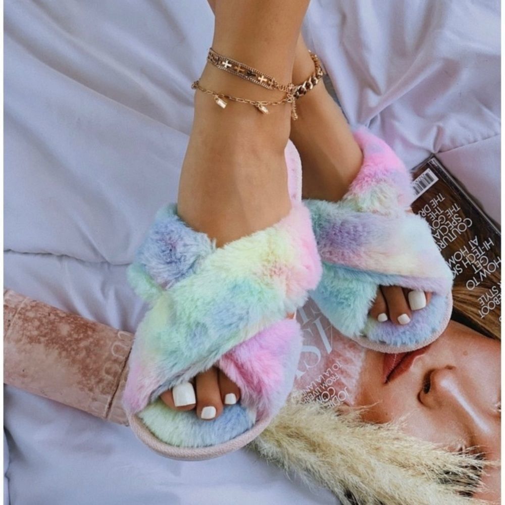 Tie Dye Faux Fur House Slippers